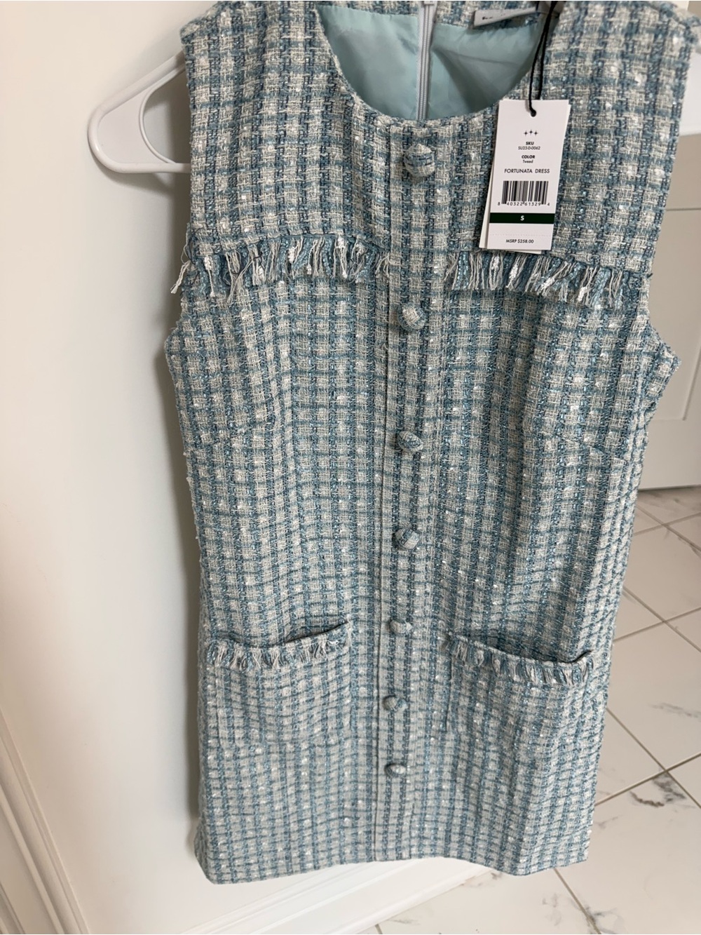Hermoza Blue and White Tweed Fringe Shift Dress New With Tags